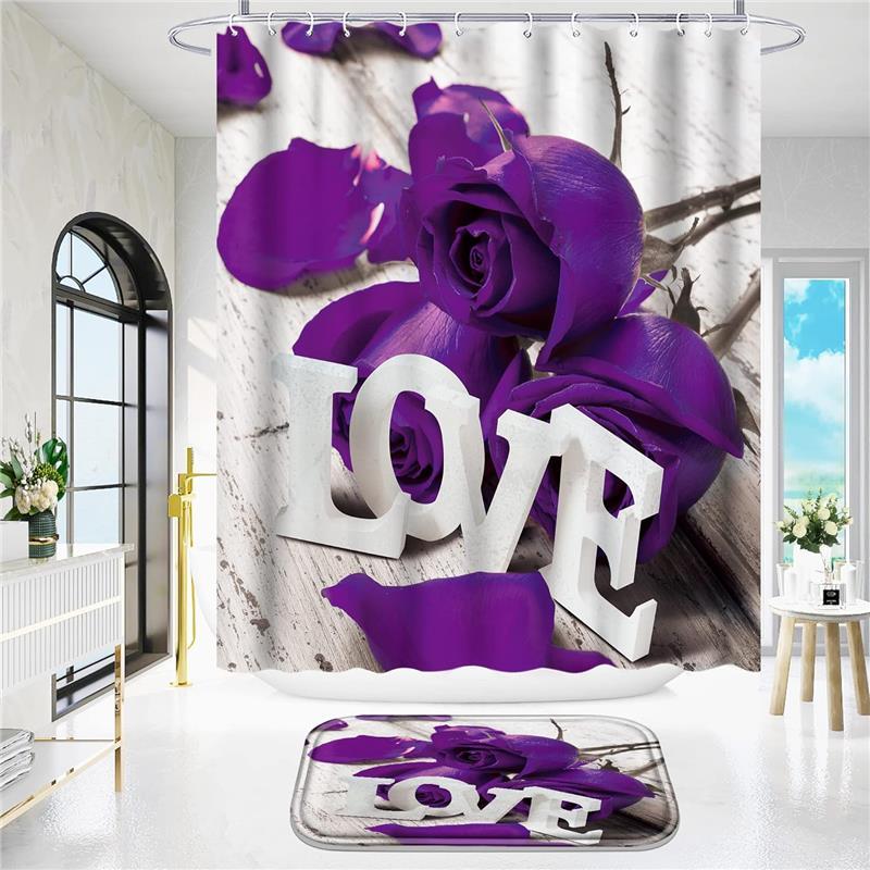 4Pcs Bathroom Love Rose Shower Curtain Set with 12 Hooks, Waterproof Polyester 71