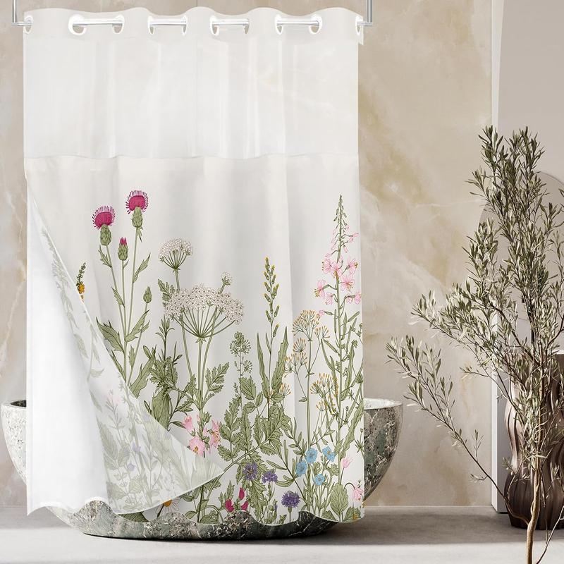 No Hooks Snap in Liner Vintage Wildflower Botanical Herbs Shower Curtain Sets, Hotel Luxury Double Layers Waterproof Fabric & See-Through Top Window Bathroom Decorative 60x72 Inch Print Artwork