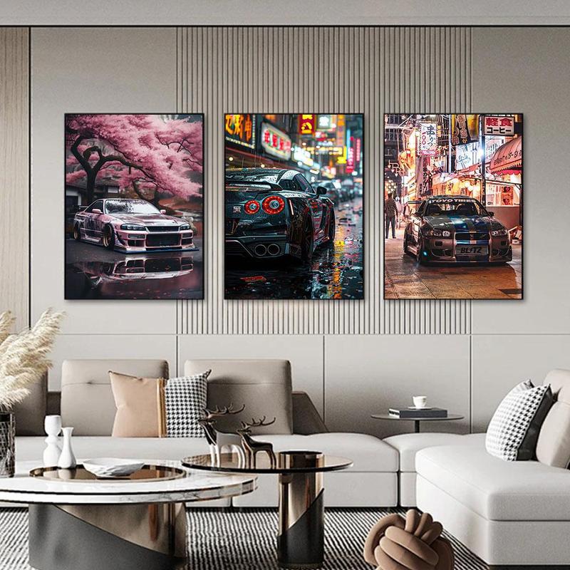 Fashion Car Pattern Canvas Painting without Frame, 3 Counts set Modern Neon Style Wall Art Painting, Wall Art Decor for Home Living Room Bedroom Office