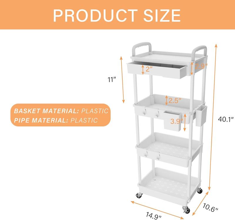 3-5 Tier Rolling Utility Cart with Drawer,  REBECAT Multi-functional cart is suitable for kitchen, bathroom, office and other scenes.