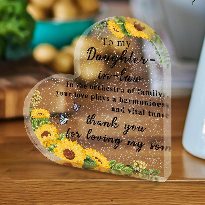 Heart Shaped Acrylic Plaque, 1 Count Slogan Graphic Acrylic Ornament, Thank You Gift for Daughter-in-law