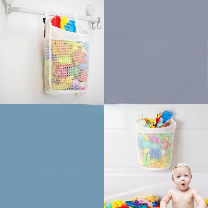 Large Capacity Mesh Bath Toy Storage Bag, Multiple Hanging Methods, Extra Large Opening Bathroom Toy Storage, Bottom Zipper Bathtub Toy Storage Bag, Shower Game Bathtub Accessories (White)