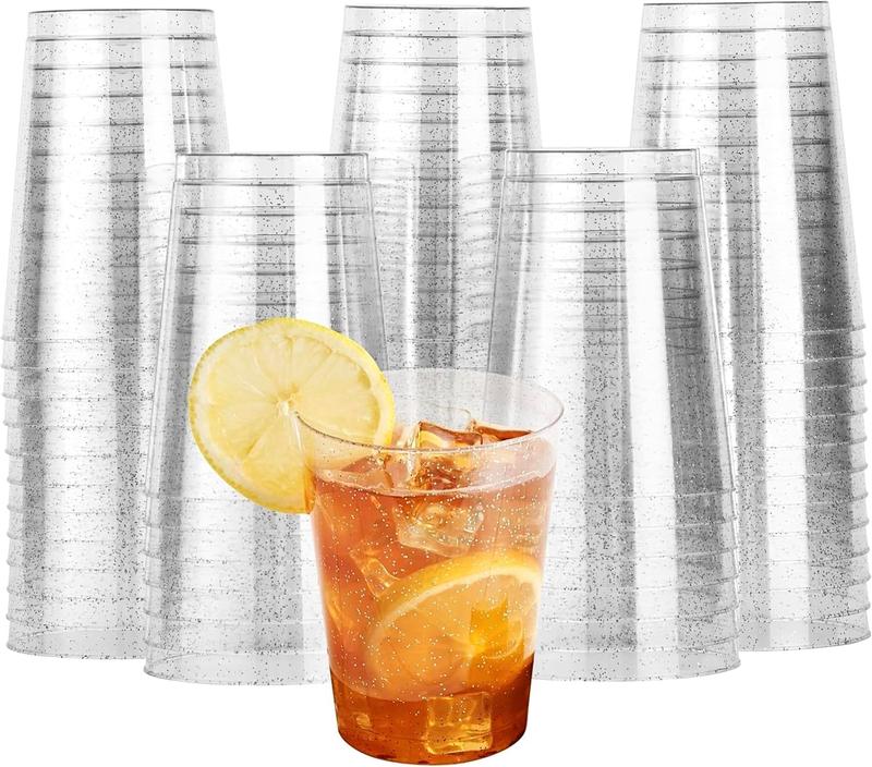 60 Clear Hard Plastic Cups, Tumblers with  Glitter (285ml   10oz) - Sturdy & Reusable - Birthdays, Weddings, Anniversary, Christmas, BBQ, Picnic, Parties