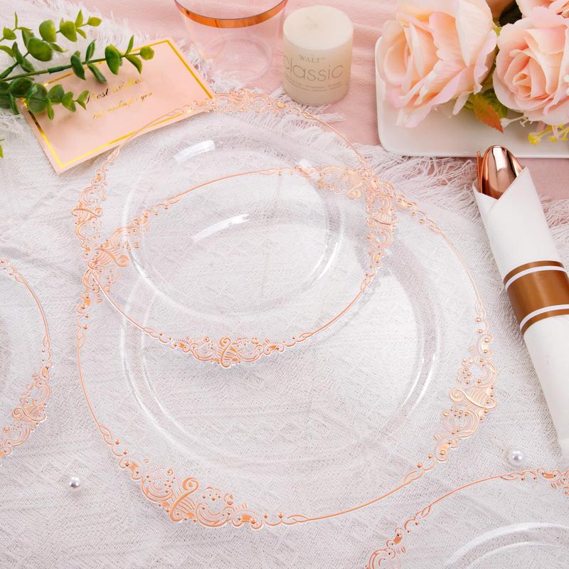 Nervure 175PCS Rose and Gold Plastic Plates & Pre Rolled Napkins for 25 Guests Gold Disposable Plates 75 Gold Plastic Silverware, 25Cups,Napkins dinner plate