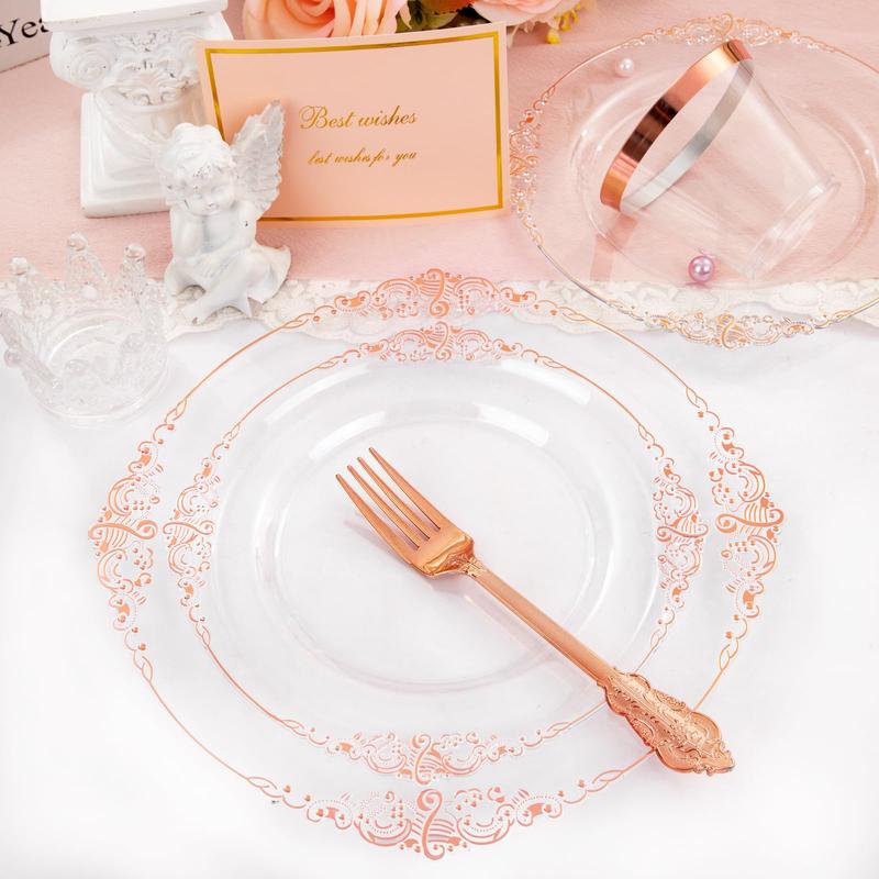 Nervure 175PCS Rose and Gold Plastic Plates & Pre Rolled Napkins for 25 Guests Gold Disposable Plates 75 Gold Plastic Silverware, 25Cups,Napkins dinner plate