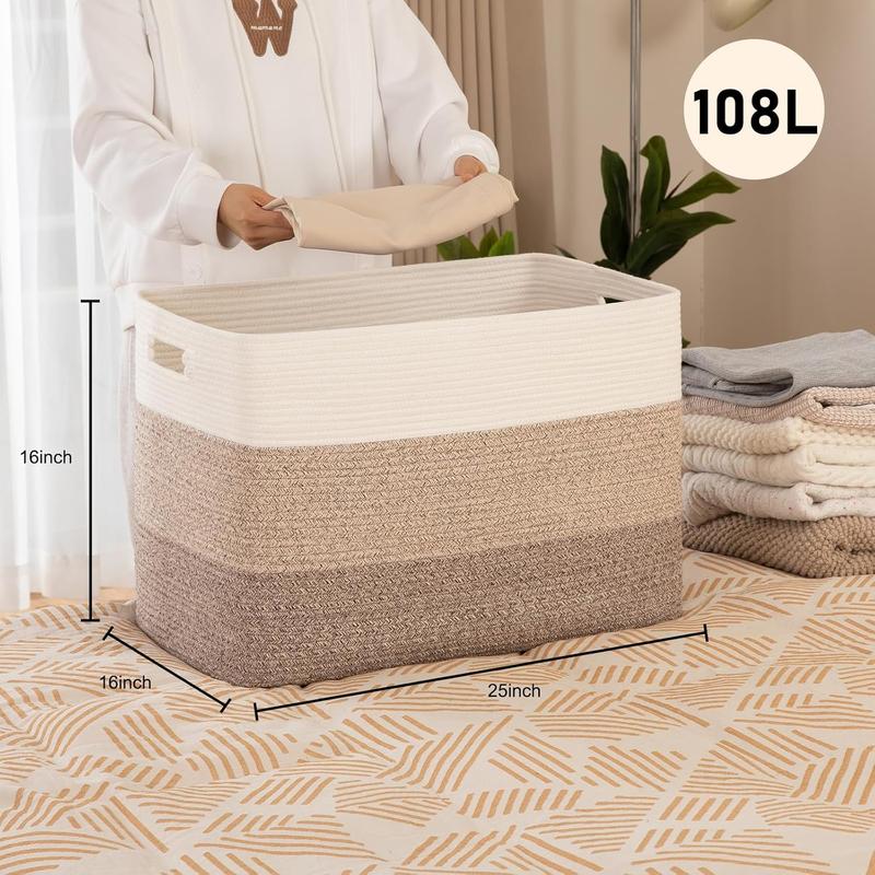 108L Super Large Blanket Basket, 25”x16”x16”(108L) Rectangle Woven Baskets for Storage, Cotton Rope Basket For Living Room, Toy Basket with Handle, Basket for Organizing- Gradient Brown