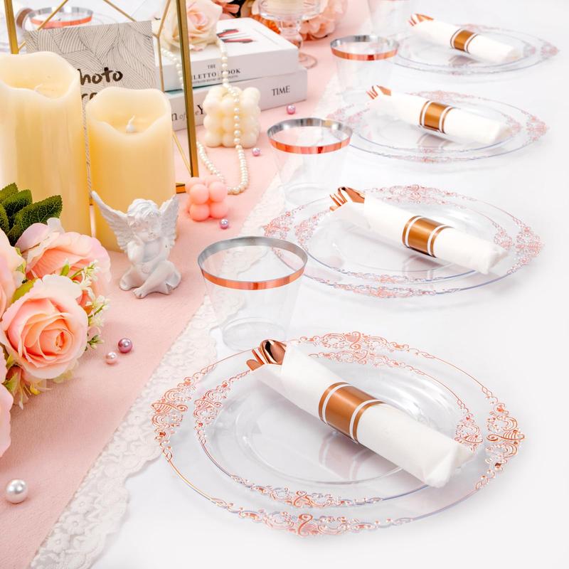 Nervure 175PCS Rose and Gold Plastic Plates & Pre Rolled Napkins for 25 Guests Gold Disposable Plates 75 Gold Plastic Silverware, 25Cups,Napkins dinner plate