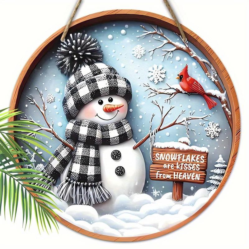 Christmas Snowman & Cardinal Pattern Hanging Ornament, Wooden Round Hanging Wall Decor, Farmhouse Style Wall Art for Home, Kitchen, Garden, Yard