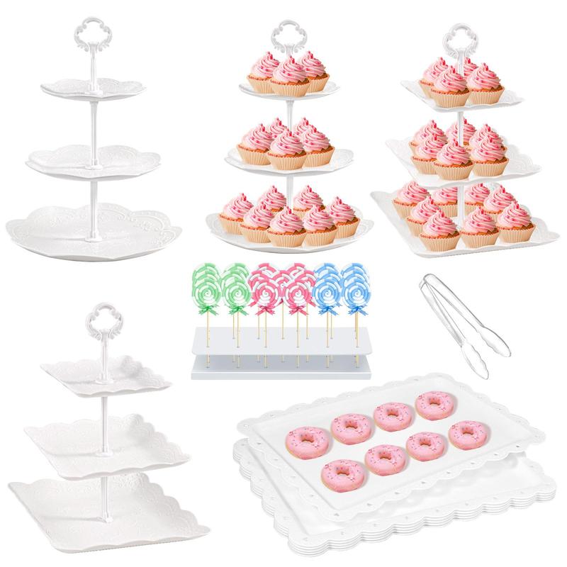 12 Count Cupcake Stand White Dessert Table Display Set 4 Count 3 Tier Plastic Cake Stand Holder 6 Count Dessert Serving Tray 1 Count Cake Pop Stand Cookie Platter Rack Tower for Tea Party Wedding Baby Shower