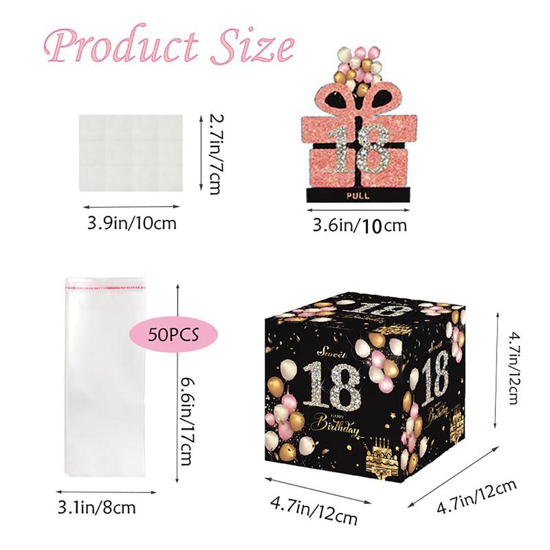 Creative 18th Birthday Themed Cash Box, 1 Set Including 1 Count Happy Birthday Card & 50pcs Clear Bag, Surprise Cash Box for Birthday Party