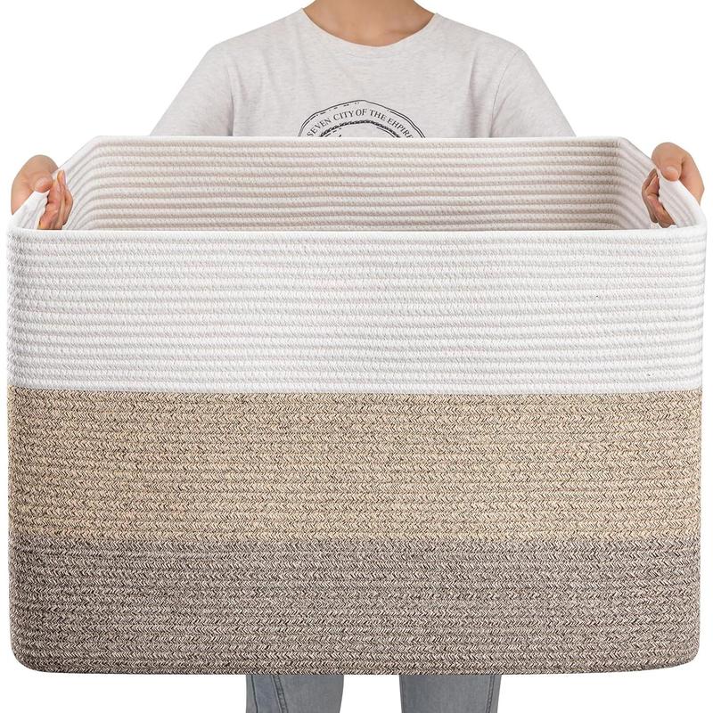 108L Super Large Blanket Basket, 25”x16”x16”(108L) Rectangle Woven Baskets for Storage, Cotton Rope Basket For Living Room, Toy Basket with Handle, Basket for Organizing- Gradient Brown