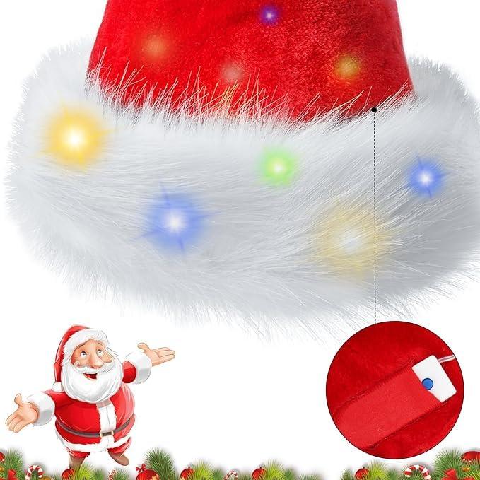 Christmas Hat for Adults, Santa Hat Holiday Color Light Up Unisex Velvet Comfort Extra Thicken Xmas Hat for New Year Festive Party Supplies，Santa Hat: Christmas Hat Adult - Santa Hat for Women and Men - Led Santa Hat