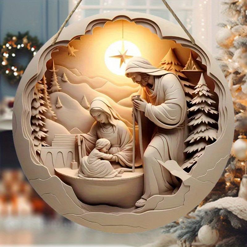 Wooden Nativity Scene Hanging Sign, 2D Relief Jesus Guarding Christianity Christmas Wooden Wreath Sign, Church Yard Fireplace Mantel Decor, Home Decor 2025