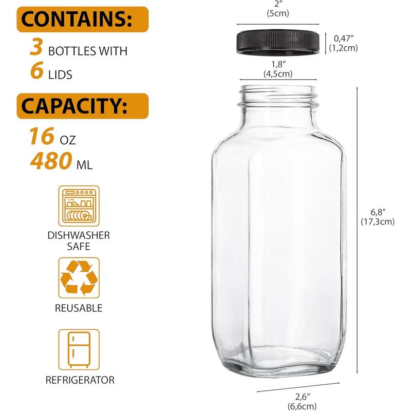 Juice Bottles with Lids, 16 Oz - Set of 3 - Clear Glass Jars with Caps - Reusable Empty Drink Containers for Juicing, Smoothies, Water, Milk, Kombucha Storage, Wellness Shots and More (3) Organiser Canister Tin