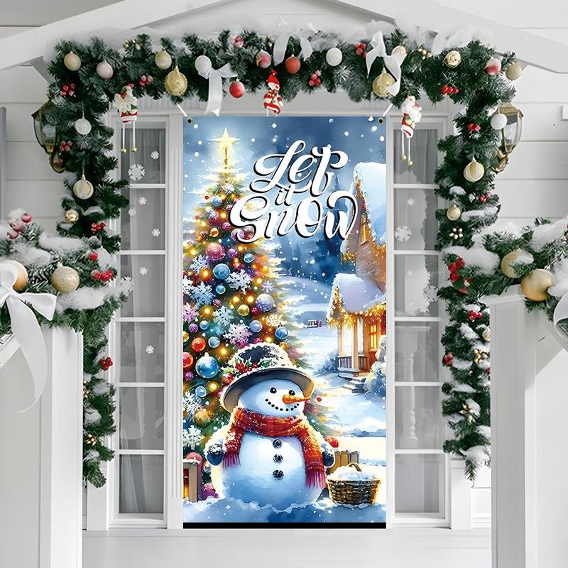 Winter Themed Door Banner, 1 Count Snowman & Christmas Tree Pattern Door Hanging Banner, Festive Backdrop for Home Living Room Bedroom Decor