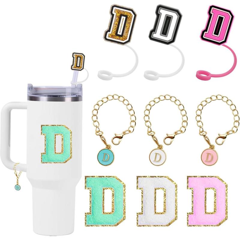 Cup Accessories Set,3 Count 0.4in Straw Cover, 3 Count Letter Charm, 3 Count Letter Towel Stickers Fits 40&30 Oz Tumbler(A)