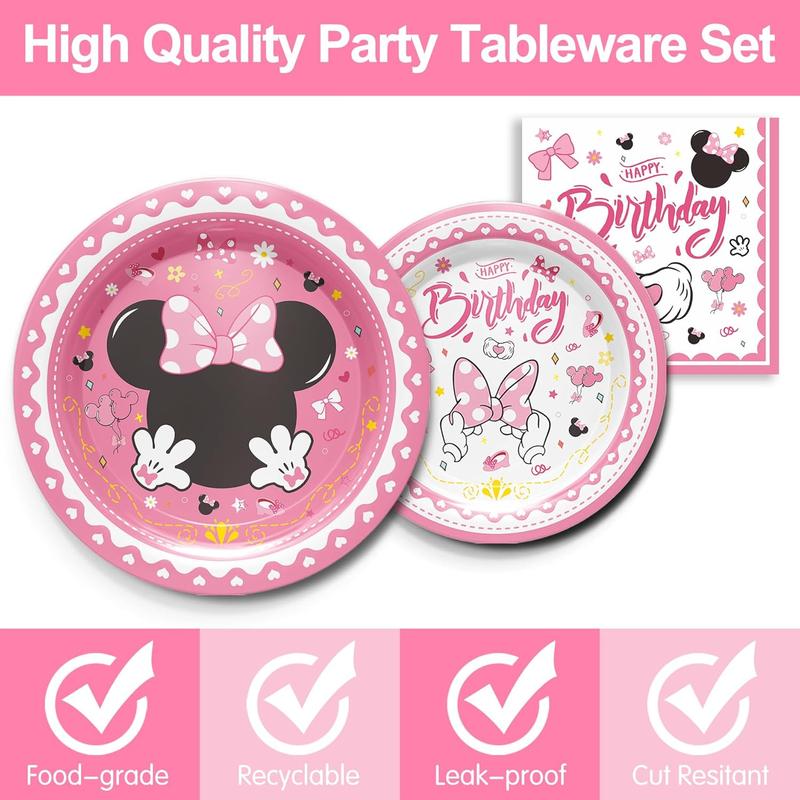 168pcs Minnie Themed Birthday Party Supplies - Mouse Birthday Party Decorations Include Plates, Cups, Napkins, Cutlery, Girl Minnie Baby Shower Birthday Party Supplies, 24 Guests Disposable Set Pack Thick balloon tree genderreveal balloon lightup numbers