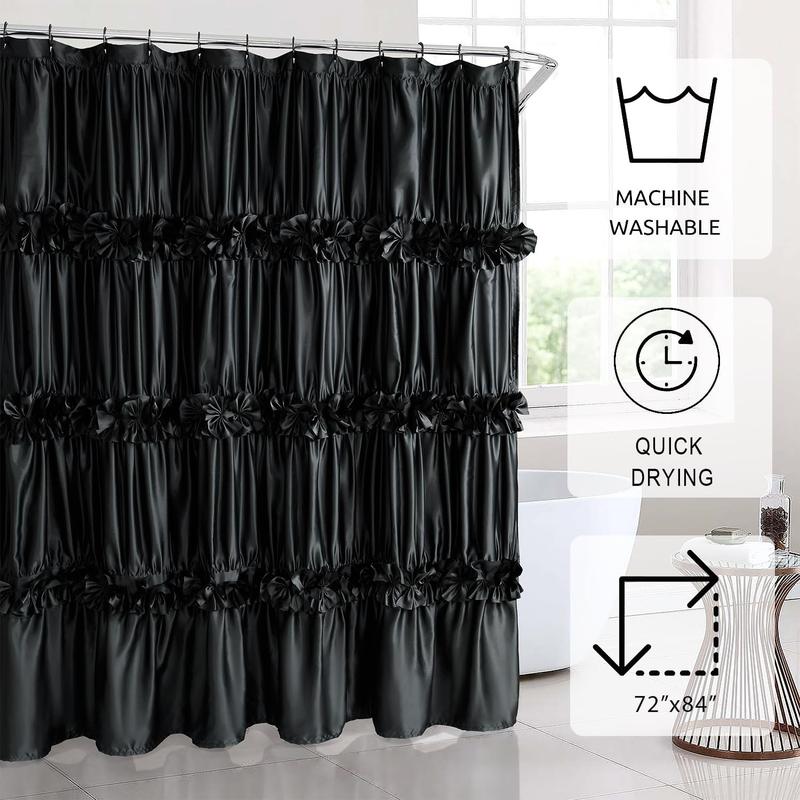 Black Ruffle Shower Curtain, Vintage Handcrafted Bow Tie Bath Curtain for Master Bathroom, Ruched Satin Bathroom Curtain with 12 Buttonholes, 72