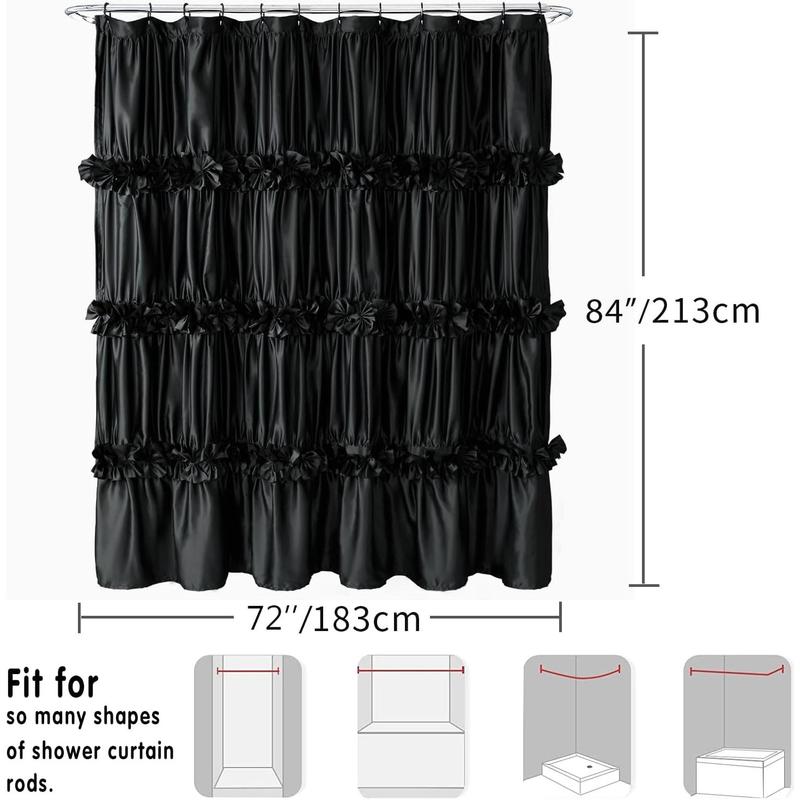 Black Ruffle Shower Curtain, Vintage Handcrafted Bow Tie Bath Curtain for Master Bathroom, Ruched Satin Bathroom Curtain with 12 Buttonholes, 72