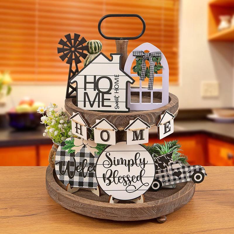 1 Set Wooden Tiered Tray Assembled Decoration Craft, Farmhouse Style Desktop Ornament For Home Decor