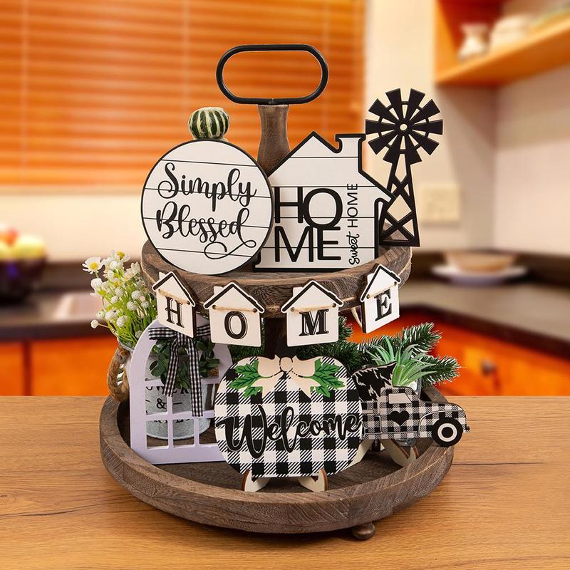 1 Set Wooden Tiered Tray Assembled Decoration Craft, Farmhouse Style Desktop Ornament For Home Decor