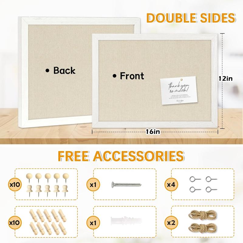 Bulletin Boards with Linen 1-Pack 16''X 12'' Double-Sided Cork Board for Walls Wood Framed Bulletin Boards, Small Pin Board for Home Kitchen Office Decorative Hanging 10 Pushpins