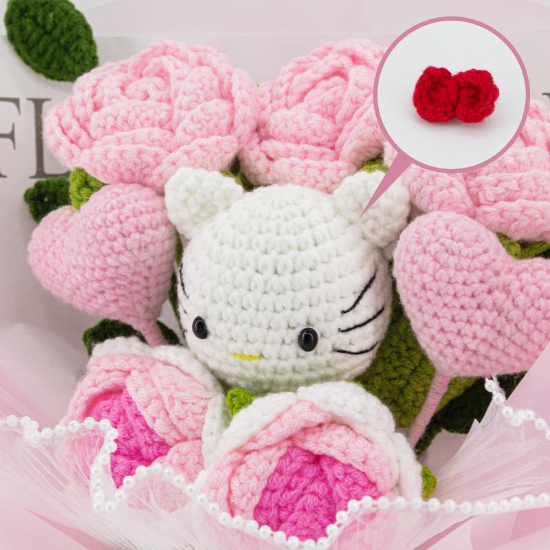 YShomy Handmade Wrapped Crochet Bouquet, Knitted of Flowers, Artificial, Fake, Woven, Longlasting, Wedding Everlasting Floral Croc Her Bouquet, Roses, Eucalyptus, Pink Heart, Cotton Flower, Decorative Gift, Pink Rose Set, Yarn Plants Ornaments