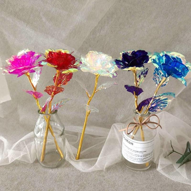 Random Color Plastic Decorative Flower, 5 Counts Holographic Artificial Rose, Unique Gifts Ideas Faux Floral Decor for Home Party Wedding Anniversary Festival, Spring Decor 2024, Summer Gifts