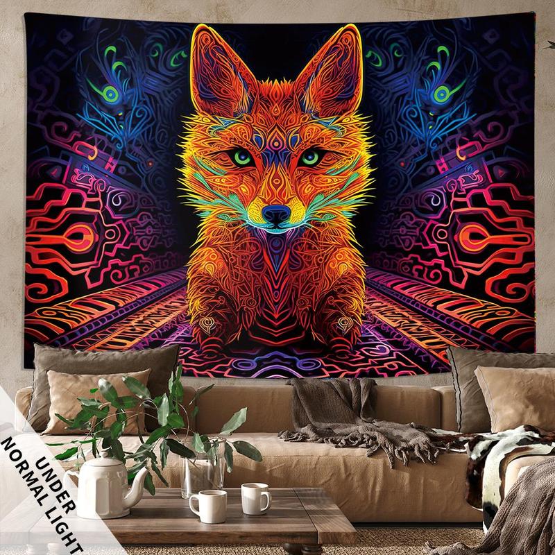 Fox Print Tapestry, 1 Count Colorful UV Blacklight Wall Hanging Blanket For Living Room Bedroom Dorm Room Home Decor, With Free Installation Accessories