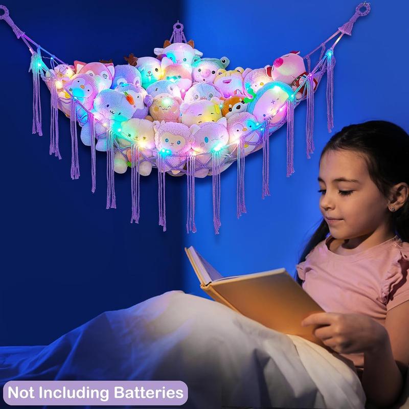 Stuffed  Net or Hammock with LED Light, Hanging Stuffed  Storage  Hammock Net Corner Wall Girls Room Decor  Storage Organizer, Purple, L