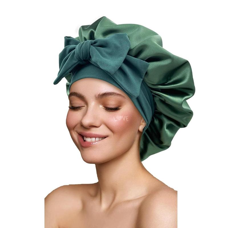 Satin Silk Hair Bonnet for Sleeping Large Bonnets with Tie Band Hair Wrap with Adjustable Straps Hair Cap Night Sleep Caps for Women Curly Braid Hair -Hunter Green Shower