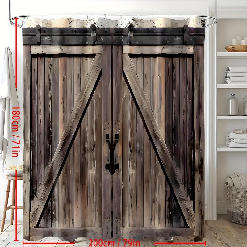 1pc Rustic Western Shower Curtain - Waterproof, Dark Brown Wooden Barn Door Design, Machine Washable, Woven Polyester Fabric with Plastic Hooks - Perfect for Bathroom Home Decoration and Adding a Touch of Country Charm