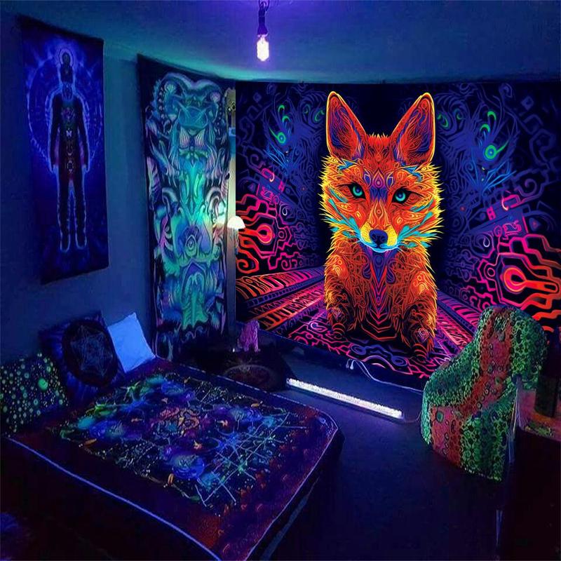 Fox Print Tapestry, 1 Count Colorful UV Blacklight Wall Hanging Blanket For Living Room Bedroom Dorm Room Home Decor, With Free Installation Accessories