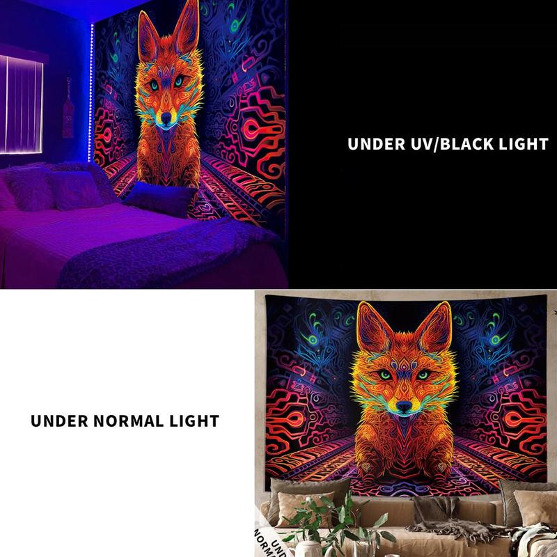 Fox Print Tapestry, 1 Count Colorful UV Blacklight Wall Hanging Blanket For Living Room Bedroom Dorm Room Home Decor, With Free Installation Accessories