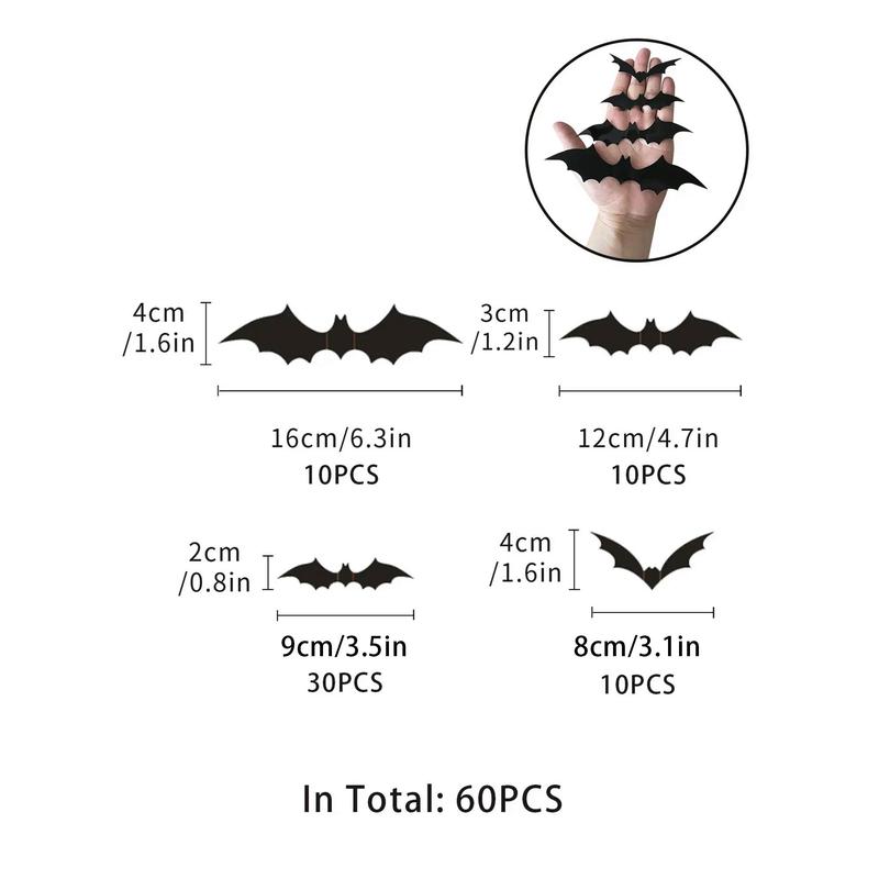 Halloween Bat Sticker, 60pcs set Realistic 3D Scary Bat Wall Sticker, DIY Wall Decal, Vanity Decor Accessories, Party Supplies, Halloween Decor