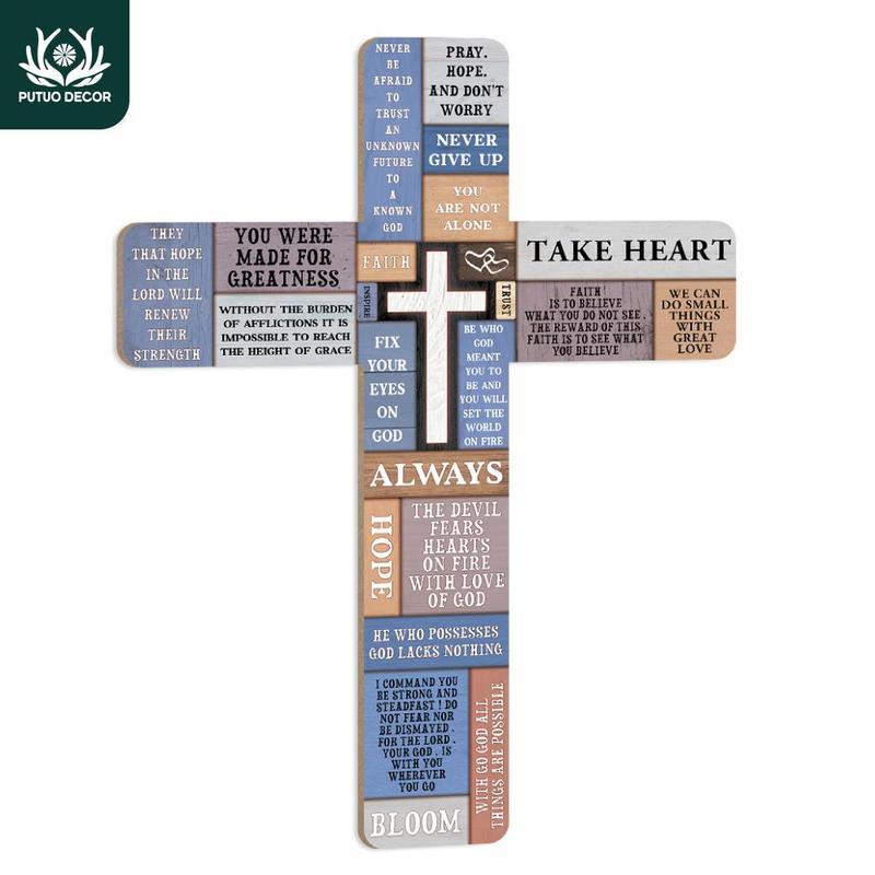 Wooden Wall Cross, 1 Count Inspirational Quotes Decorative Designs Crucifix, Wall Mounted Cross for Home Farmhouse Dormitory Living Room