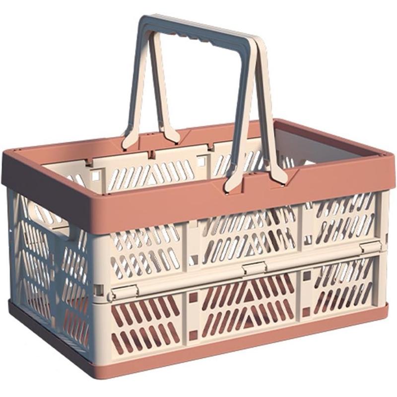 Foldable Handle Storage Crate Bin - 20L Collapsible Plastic Crate Stacking Storage Basket - Pink & Rose M