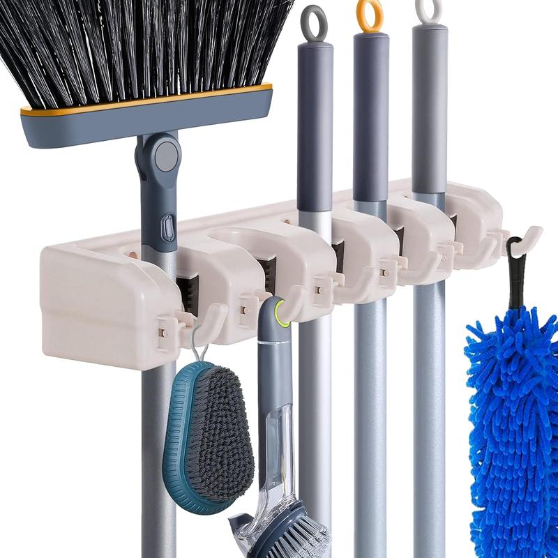 Wall Mount Broom Mop Holder Hanger Garden Tool Organizers Rack Garage Laundry Room Organizations and Storage with Hooks Heavy Duty Steel Installation