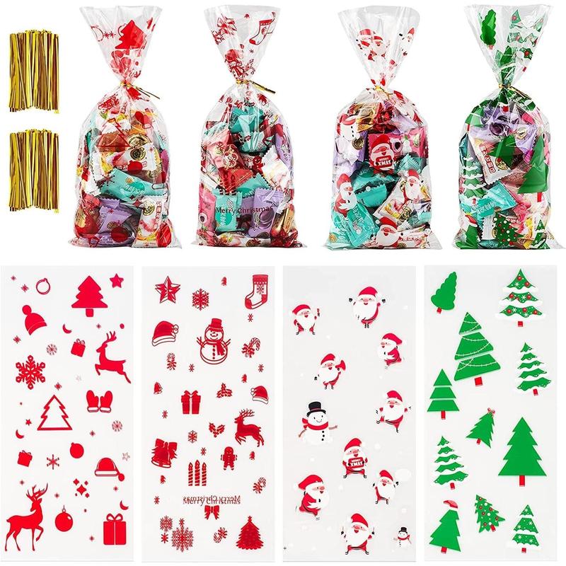 200 Pack Christmas Cellophane Goody Bags Assortment for Holiday , Christmas Party Favors, Cello Candy Bags, Christmas Gifts, Party Supplies, Christmas Goodie Bags