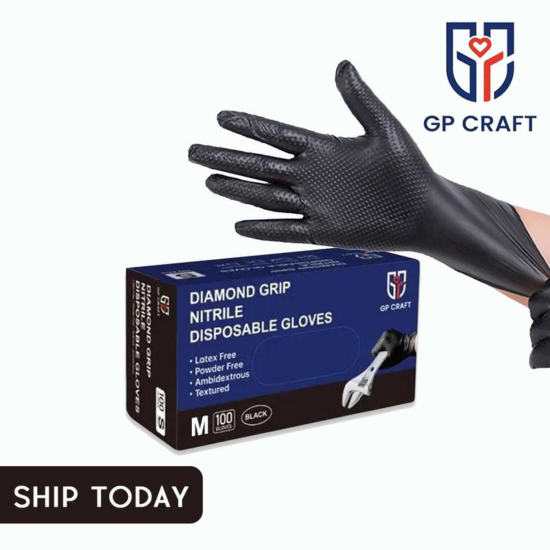 100pcs GP CRAFT 8Mil Diamond Textured Black Nitrile Gloves (Automative Work) Cleaning Hand Cover，100pcs box