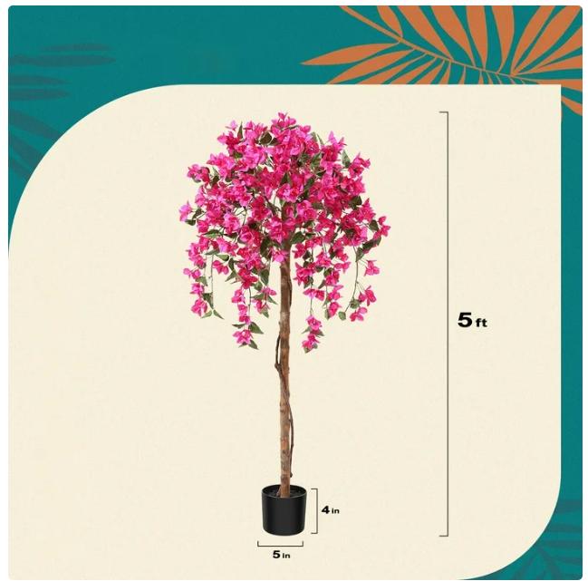 5FT Artificial Bougainvillea Flowers Tree with Wood Branches, Plant in Black Plastic Pot