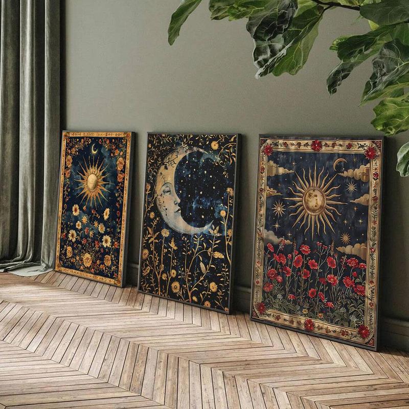 Vintage Floral Style Canvas Painting without Frame, 3 Counts set Sun & Moon & Starry Sky Pattern Wall Art, Wall Decor for Home Living Room Bedroom,  Wall Art Painting Fall Porch Decor