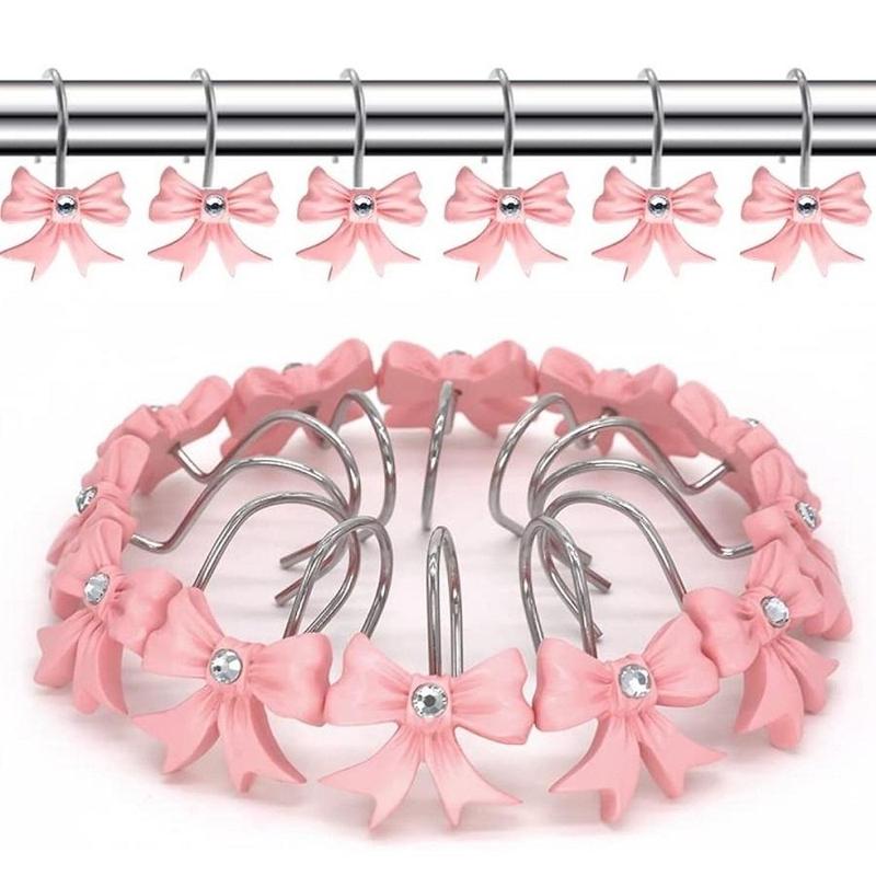 Bowknot Design Shower Curtain Hook, 12pcs box Rhinestone Decor Shower Curtain Hook, Decorative Shower Curtain Hook for Home Bathroom