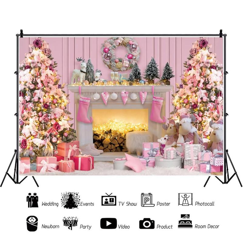 Pink Christmas Themed Photography Backdrop, 1 Count Lovely Christmas Tree & Gift Pattern Backdrop, Party Decoration Supplies for Home & Studio