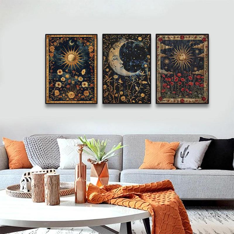 Vintage Floral Style Canvas Painting without Frame, 3 Counts set Sun & Moon & Starry Sky Pattern Wall Art, Wall Decor for Home Living Room Bedroom,  Wall Art Painting Fall Porch Decor