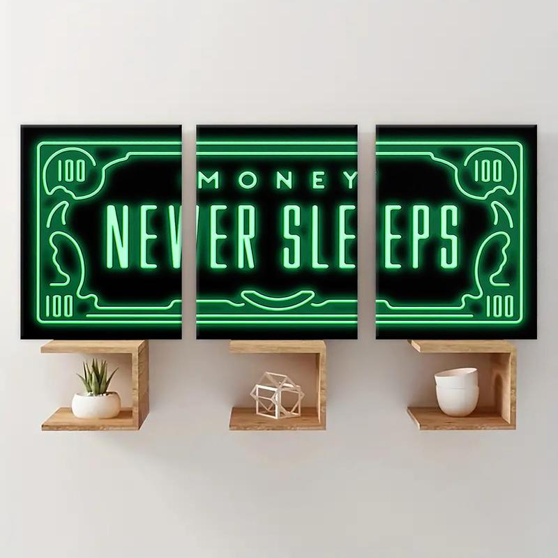 Money Neon Letter Pattern Framed Canvas Painting, 3 Counts Modern Art Wall Decor, Wall Art for Home Living Room Bedroom Office Room Decor, Christmas 2024 Ornament, Christmas Gift Ideas, Stocking Stuffers