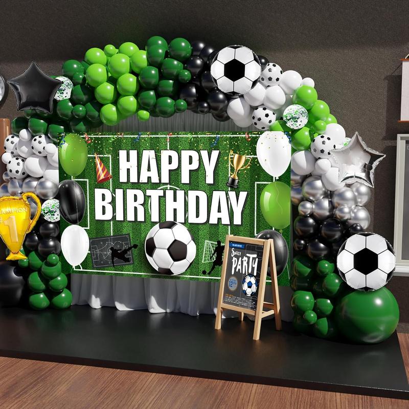 Soccer Party Decorations, 158PCS Soccer Birthday Balloon Garland Arch kit with Large Happy Birthday Backdrop Banner for Soccer Birthday Party Decorations