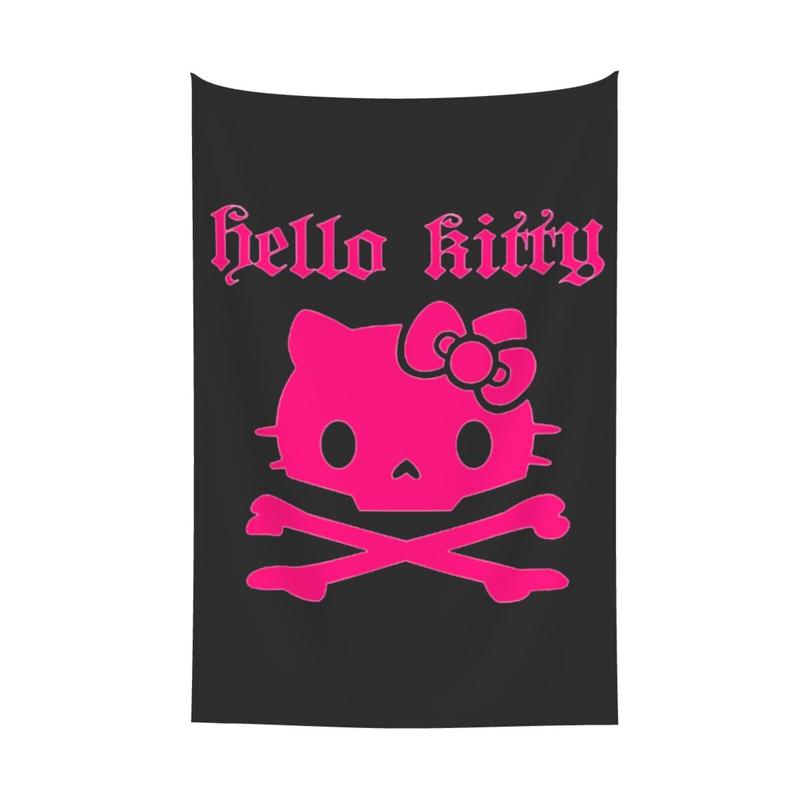 Hello Kitty Halloween Personalized Pink Kitten Skull Tapestry Black and White Skull Gothic Dark Wall Hanging Decorative Tapestry Suitable for Bedroom Aesthetic Alternative Room Decoration Artwork Gift