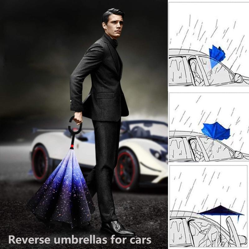 49 56 Inch Inverted Reverse Upside Down Umbrella, Extra Large Double Canopy Vented Windproof Waterproof Stick Golf Umbrellas with C-shape Handle.