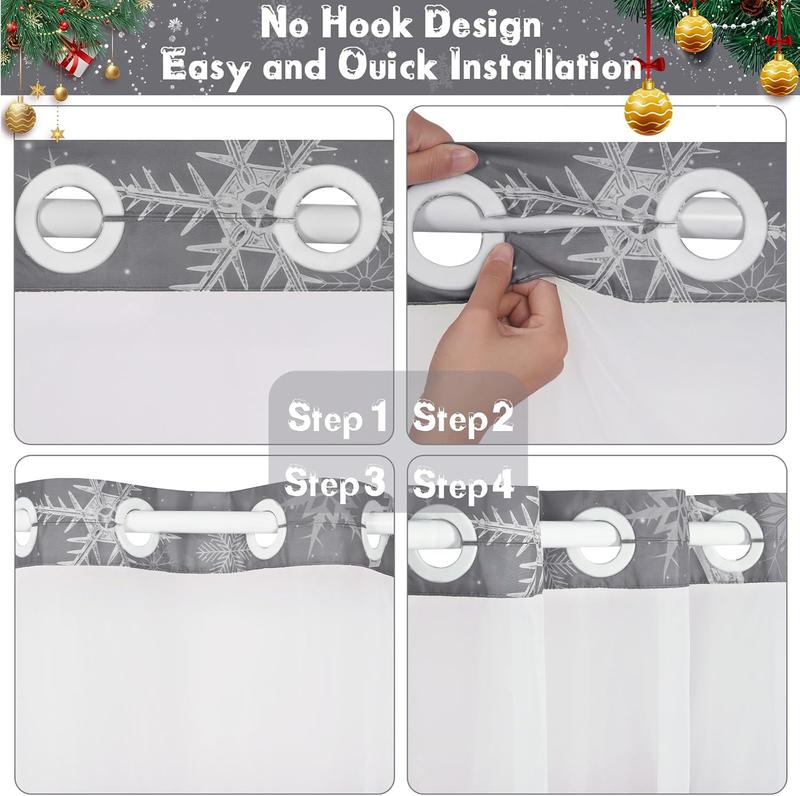 Christmas No Hook Shower Curtain with Snap in Liner, Snowflake Grey Ombre Christmas Shower Curtain Set for Bathroom, Waterproof Hotel Style with See Through Mesh Top Window, 71Wx74H, Grey